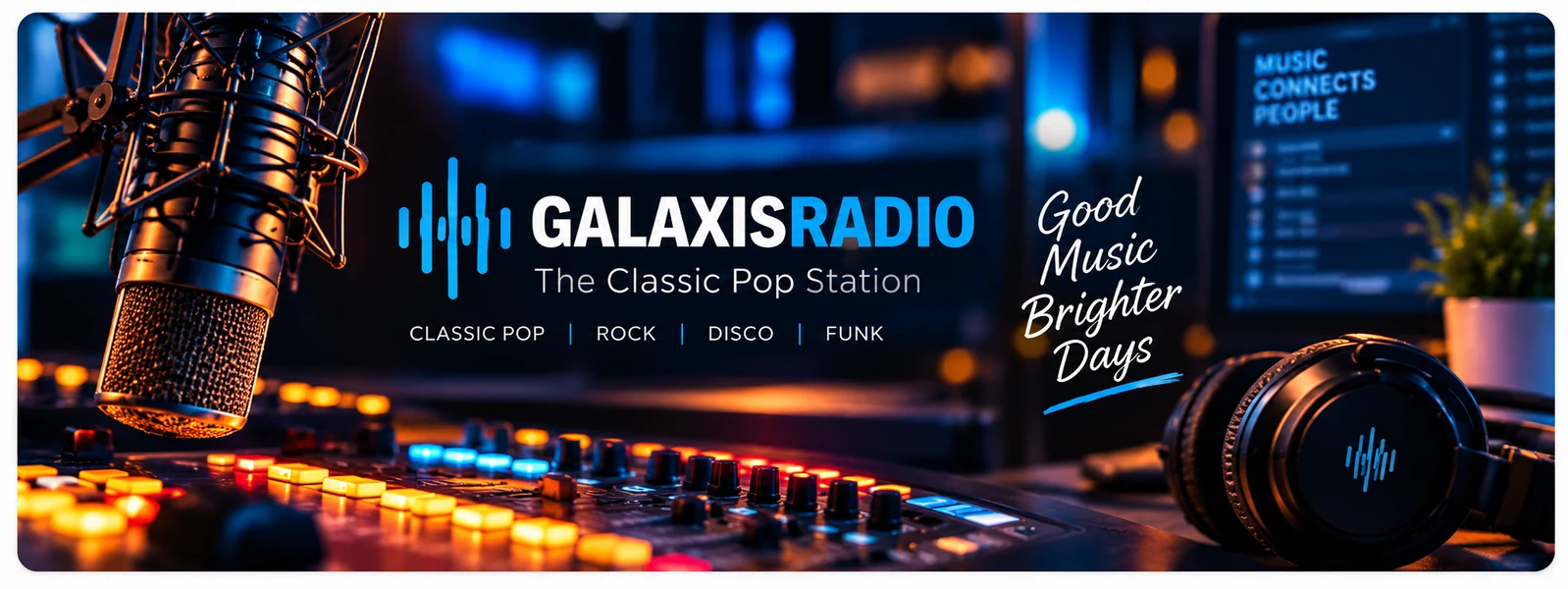 GALAXISRADIO radio studio with microphone, mixing desk and headphones